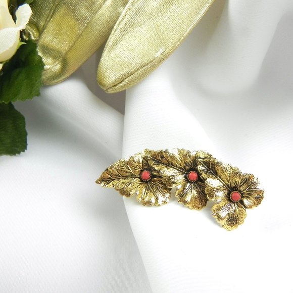Botanical Lapel Brooch | 60s Gold Tone Orange Pin - Picture 2 of 7
